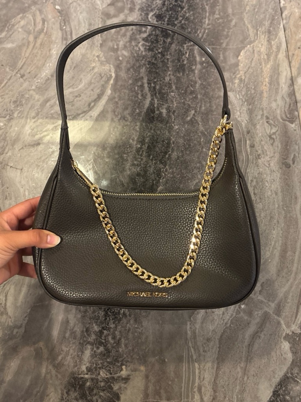Michael Kors Dark Brown Pebbled Leather Shoulder Bag with Gold Chain